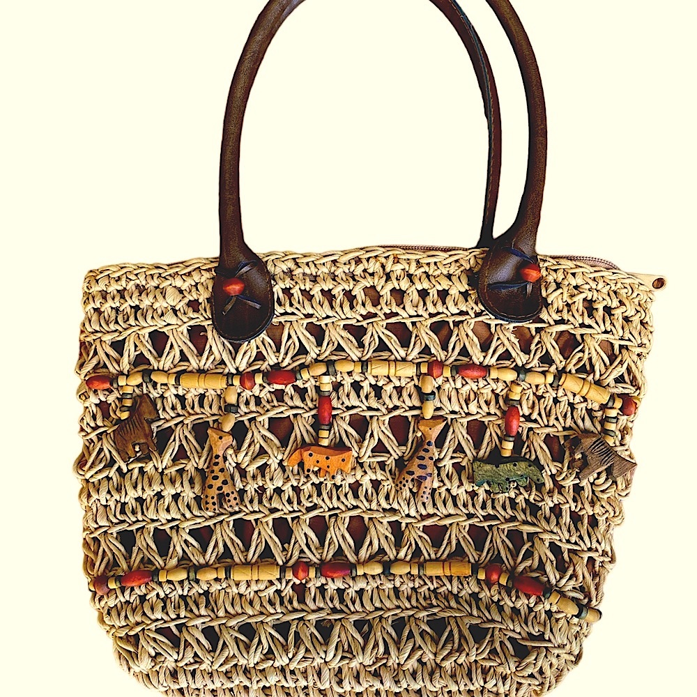Straw lined handbag with wooden detail